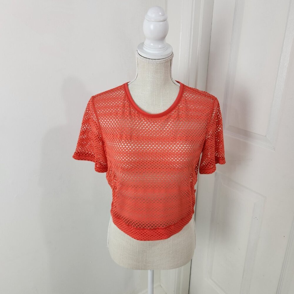 Lululemon Top Womens 8 Sunset Orange Sweat Your Heart Out Crop Mesh Netted